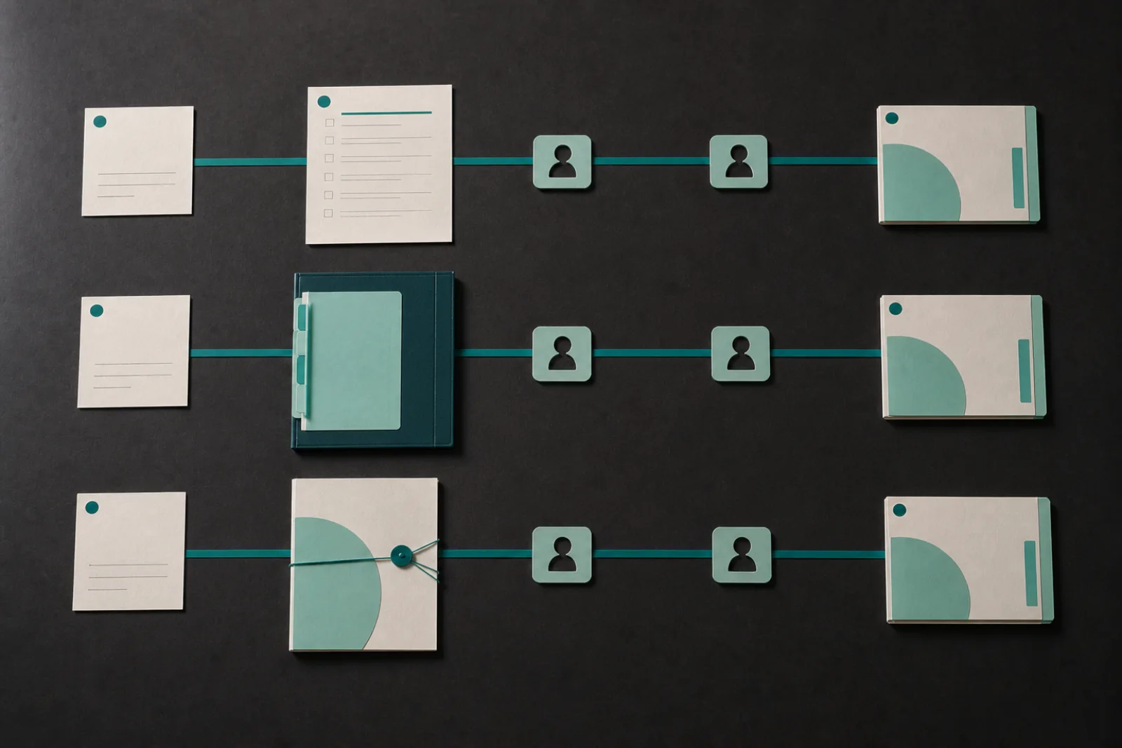 Three advisor workflow lanes crossing human and firm review gates before reaching saved records