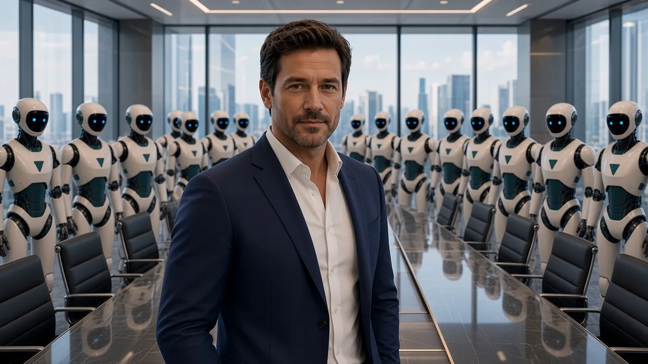 One operator in front of an AI robot team in a glass boardroom — human gate, team leverage