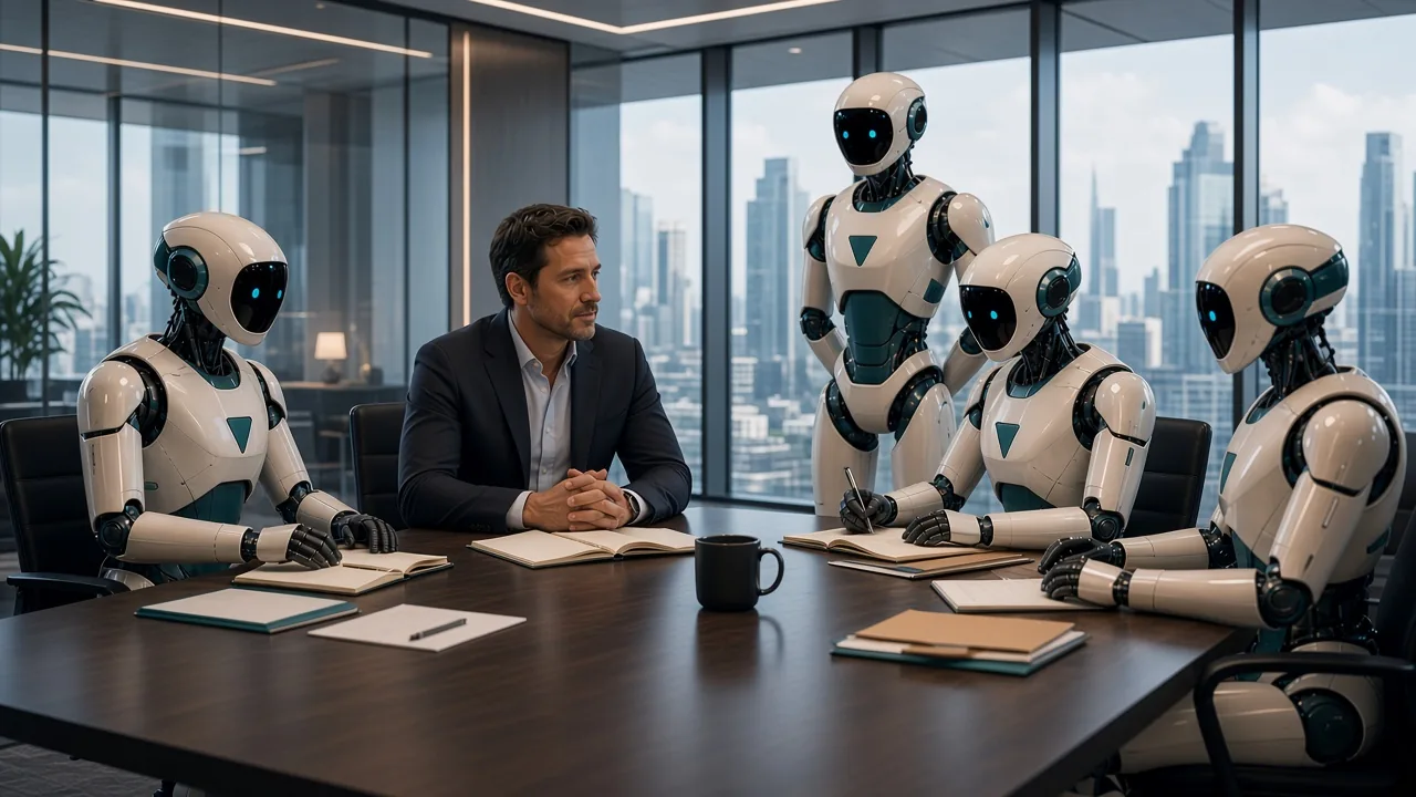 Executive glass boardroom with AI team and city skyline — monthly operating rhythm