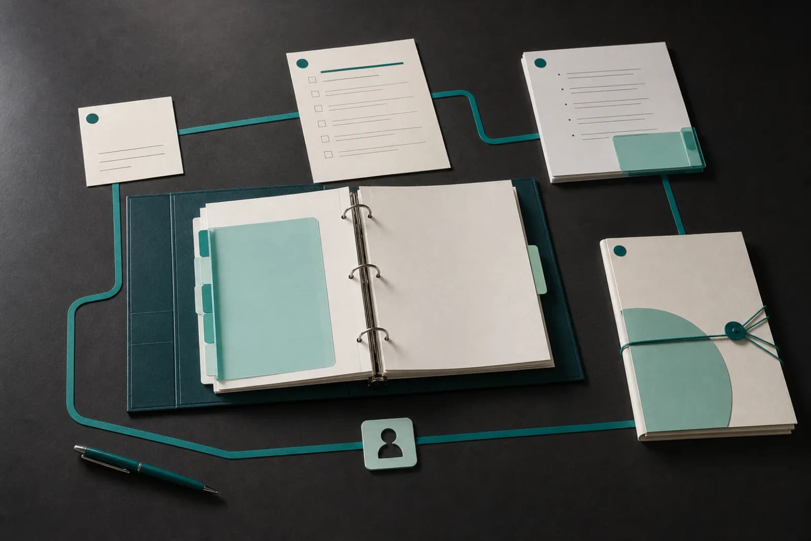 A Business Brain operating table connecting decisions, SOPs, meeting notes, loop contracts, and approved output