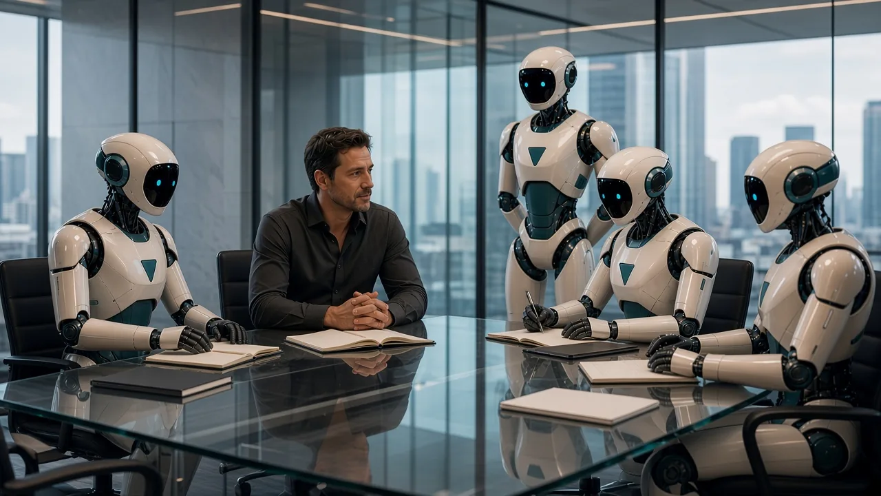 Glass boardroom AI team with human operator — context to approved work