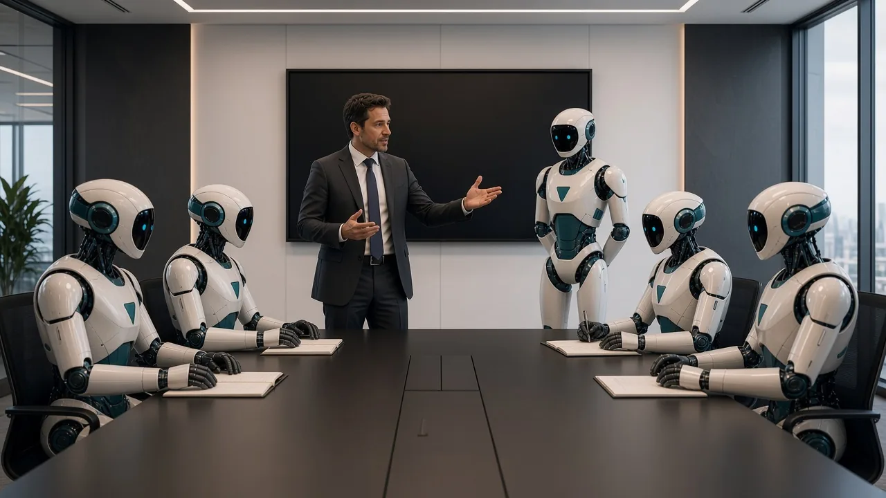 Formal standup build meeting — human operator with white/teal AI teammates