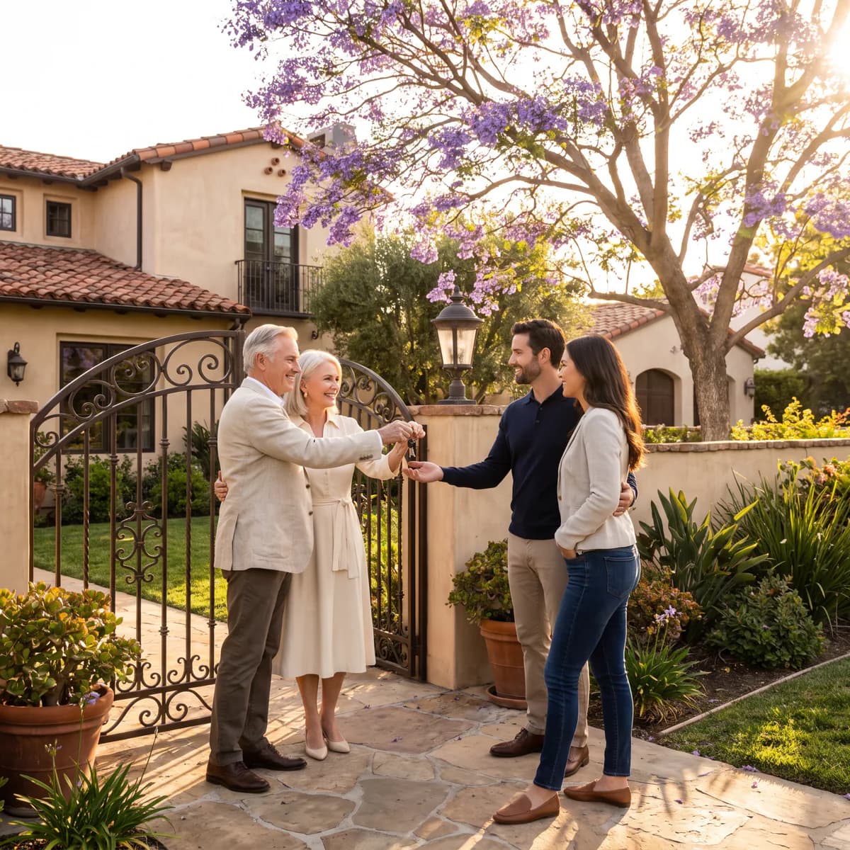 Golden-hour handoff of house keys between two couples under a blooming jacaranda tree, a Mediterranean-style estate with wrought-iron gate behind them