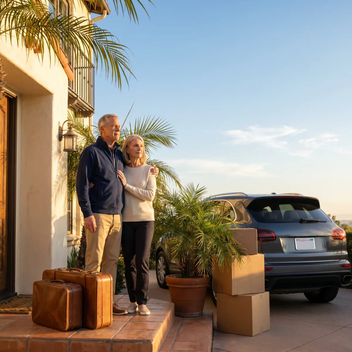 Wide golden-hour shot of a couple arm in arm on the steps of a Mediterranean villa, leather suitcases and moving boxes beside them