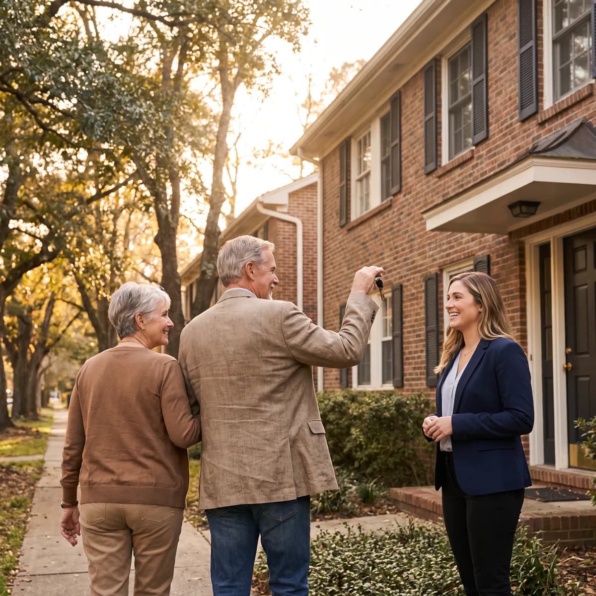 Silver-haired couple walking arm in arm down a tree-lined sidewalk at golden hour, the man holding up a set of keys toward a smiling agent in front of a two-story brick colonial home