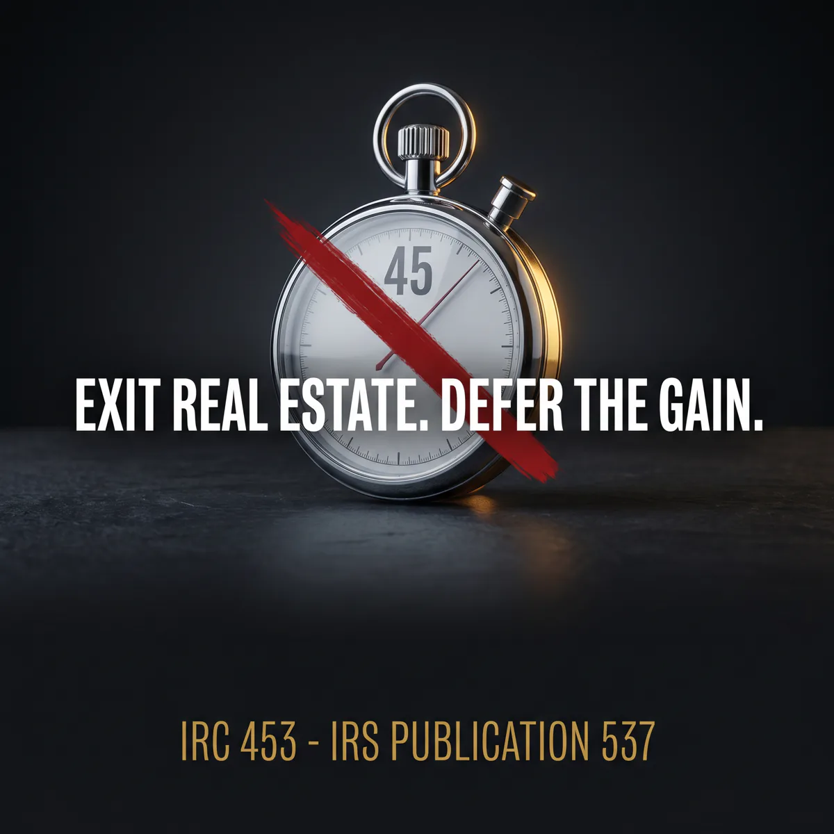 Dark dramatic render of a chrome stopwatch reading 45 struck through with a red slash, headline "Exit real estate. Defer the gain."