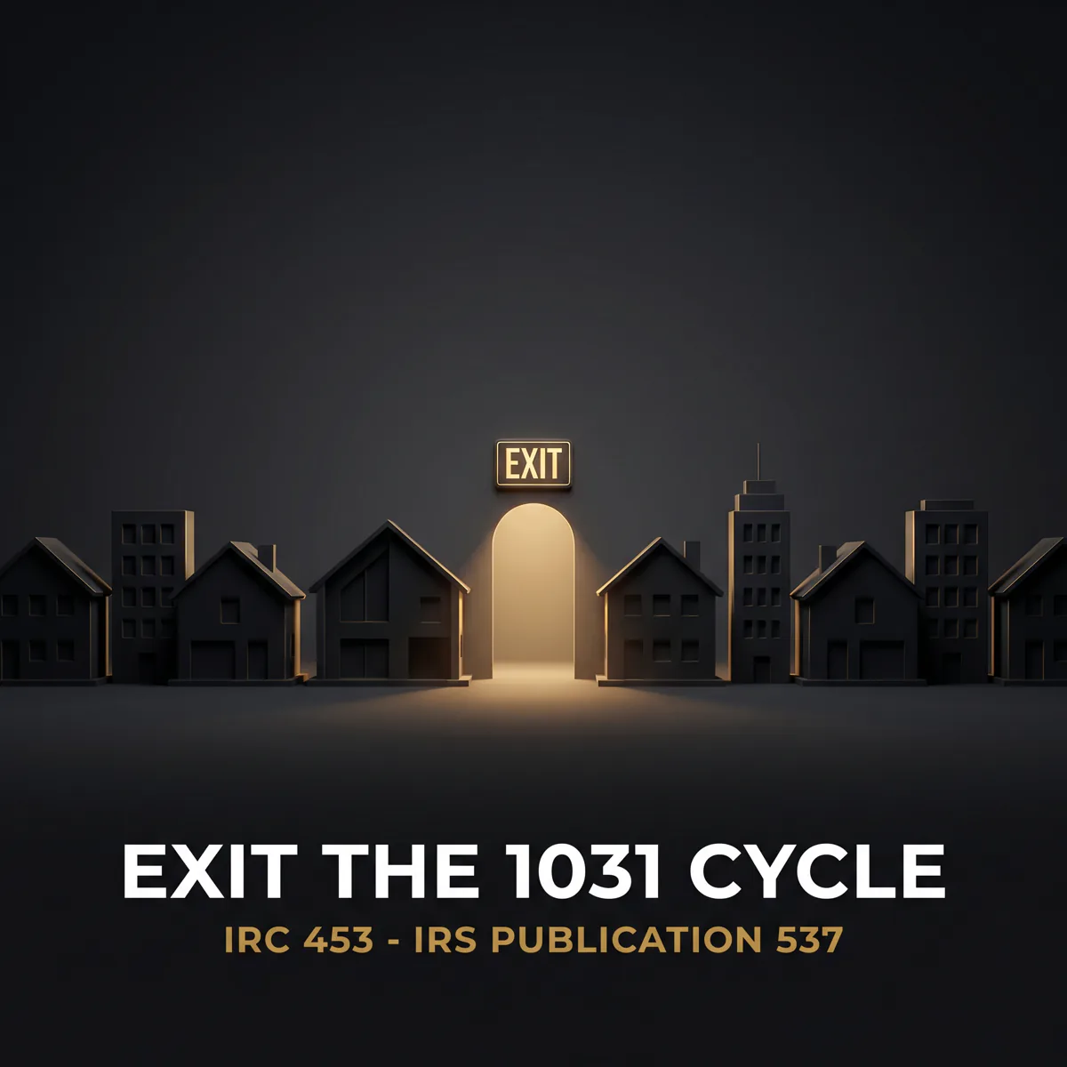 Dark 3D scene of black house silhouettes with a glowing archway and lit EXIT sign at center, headline "Exit the 1031 cycle"
