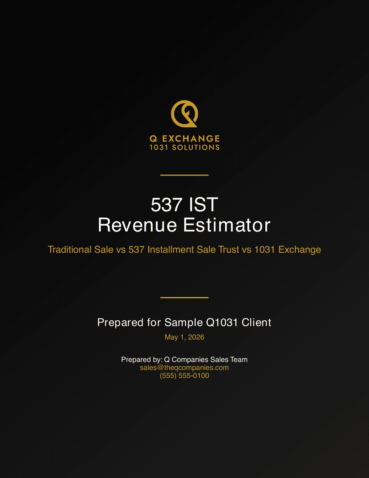 Cover page of a 537 IST revenue estimator report comparing sale strategies, marked as prepared for a sample client