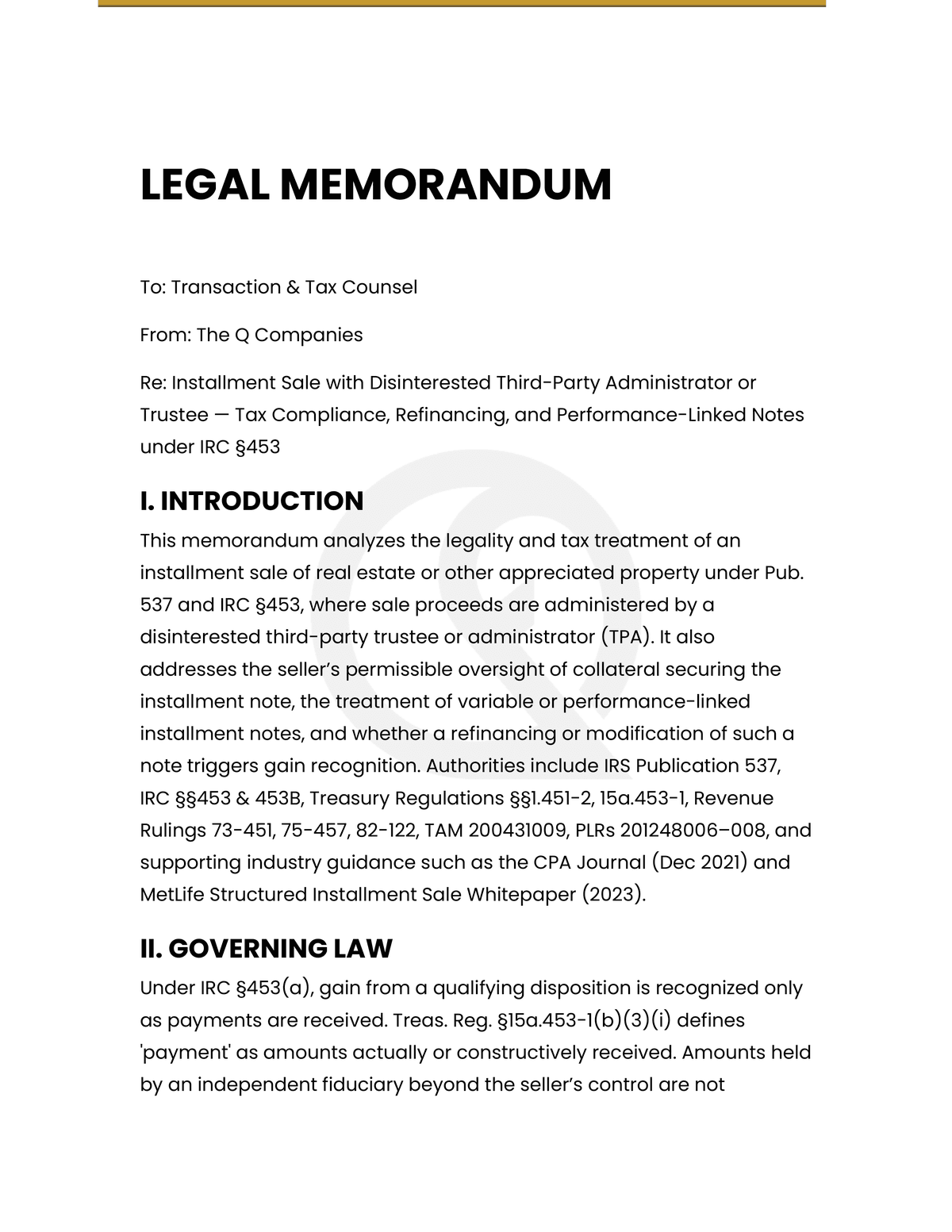 Legal memorandum cover page analyzing installment-sale tax treatment under IRC §453, on The Q Companies letterhead