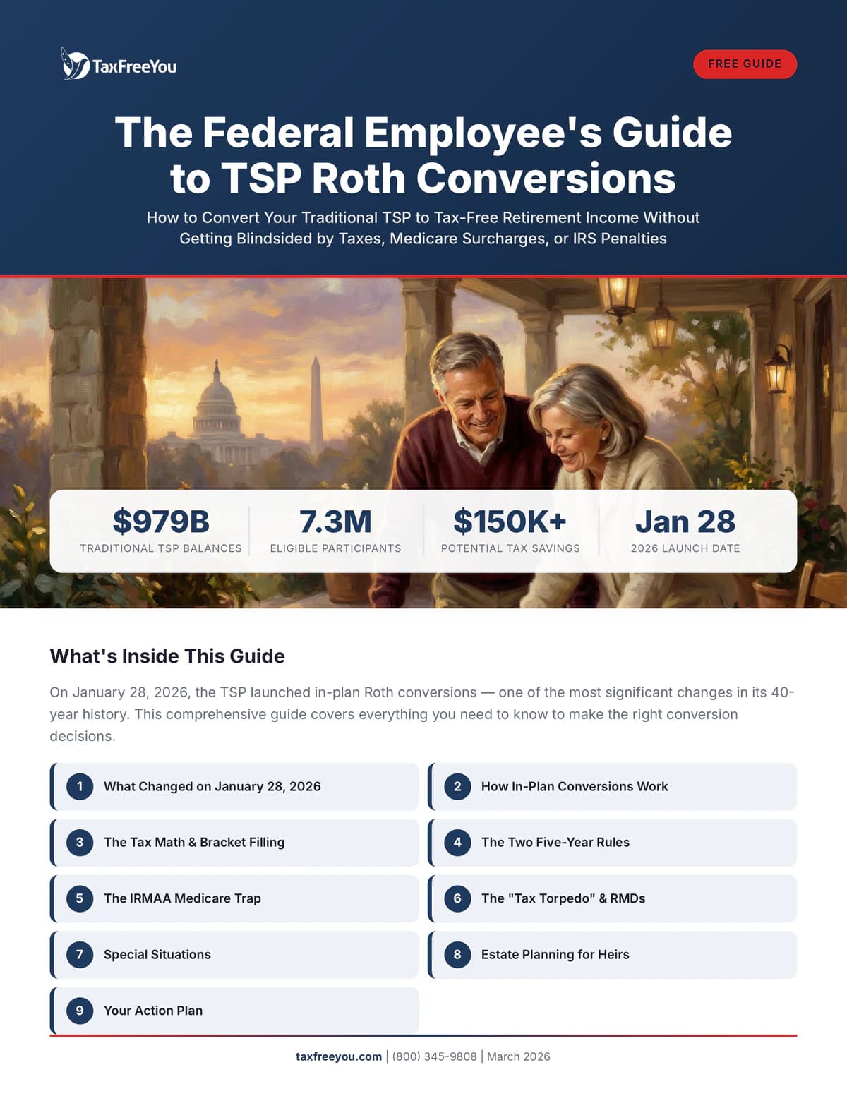 Cover of TaxFreeYou's "Federal Employee's Guide to TSP Roth Conversions" — painterly illustration of a couple before the U.S. Capitol at sunset, navy header with TaxFreeYou logo and summary stat bar