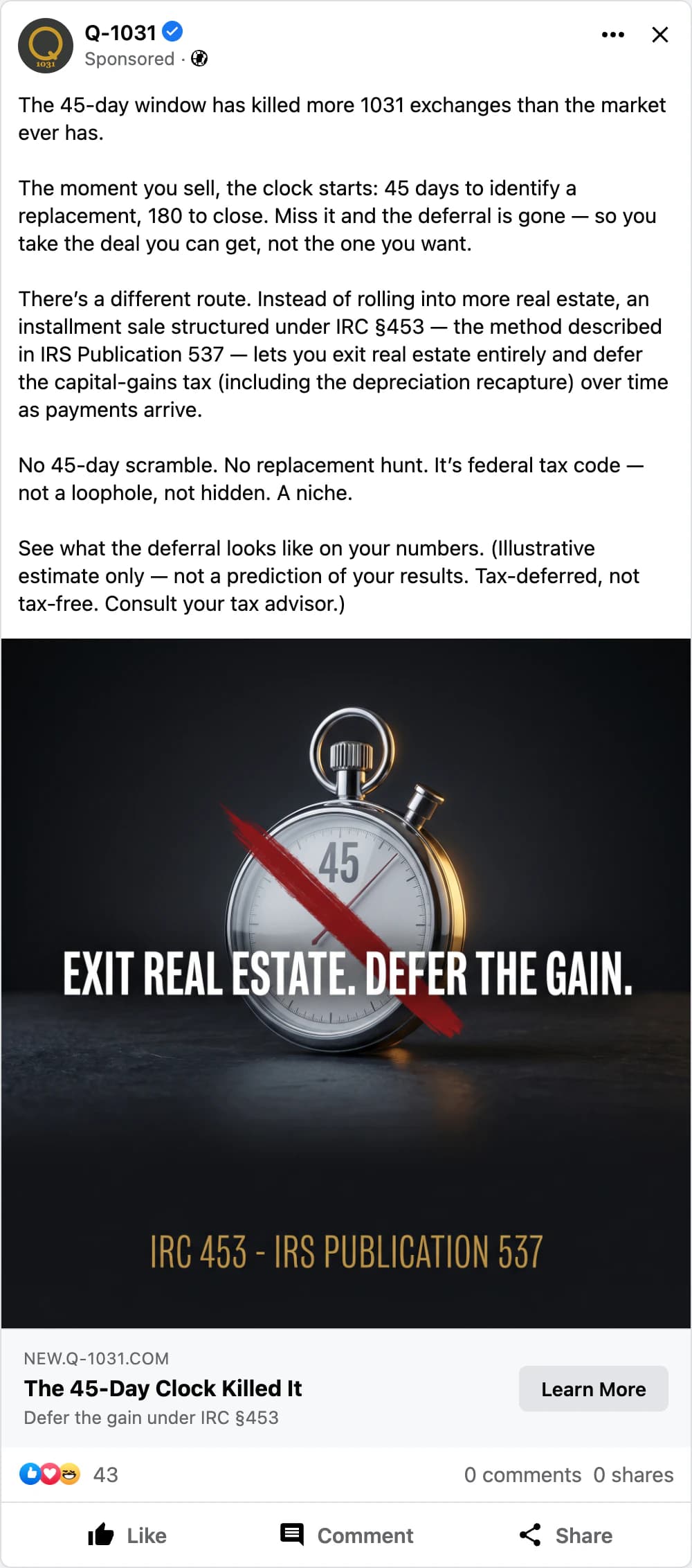 In-feed Meta ad preview showing a dramatic 3D stopwatch marked 45 struck through with a red slash, headline "Exit real estate. Defer the gain."