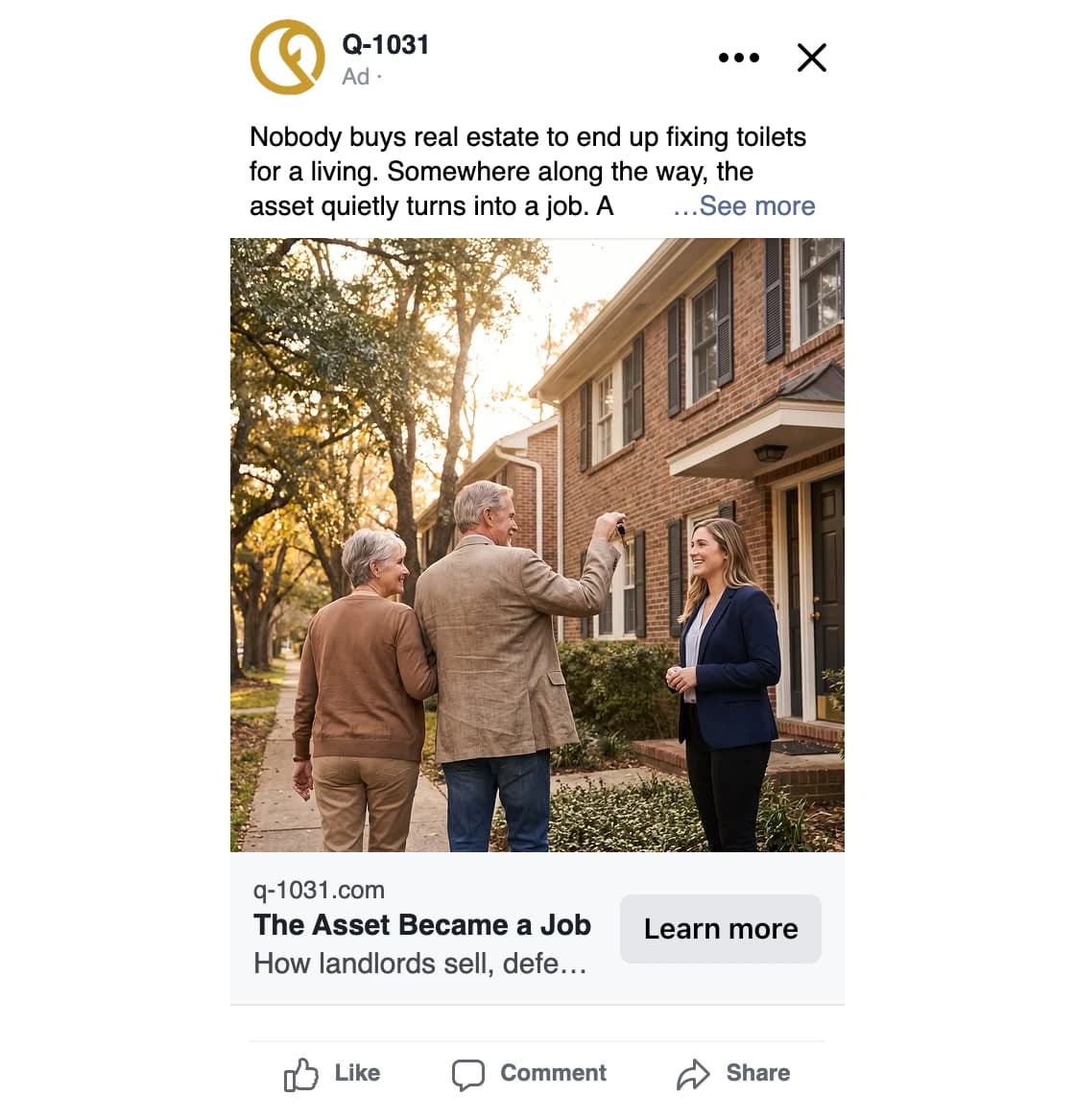 Genuine Meta preview-API capture of a Q-1031 feed ad: an elderly couple walking away from a brick home during a key handoff, headline "The Asset Became a Job"