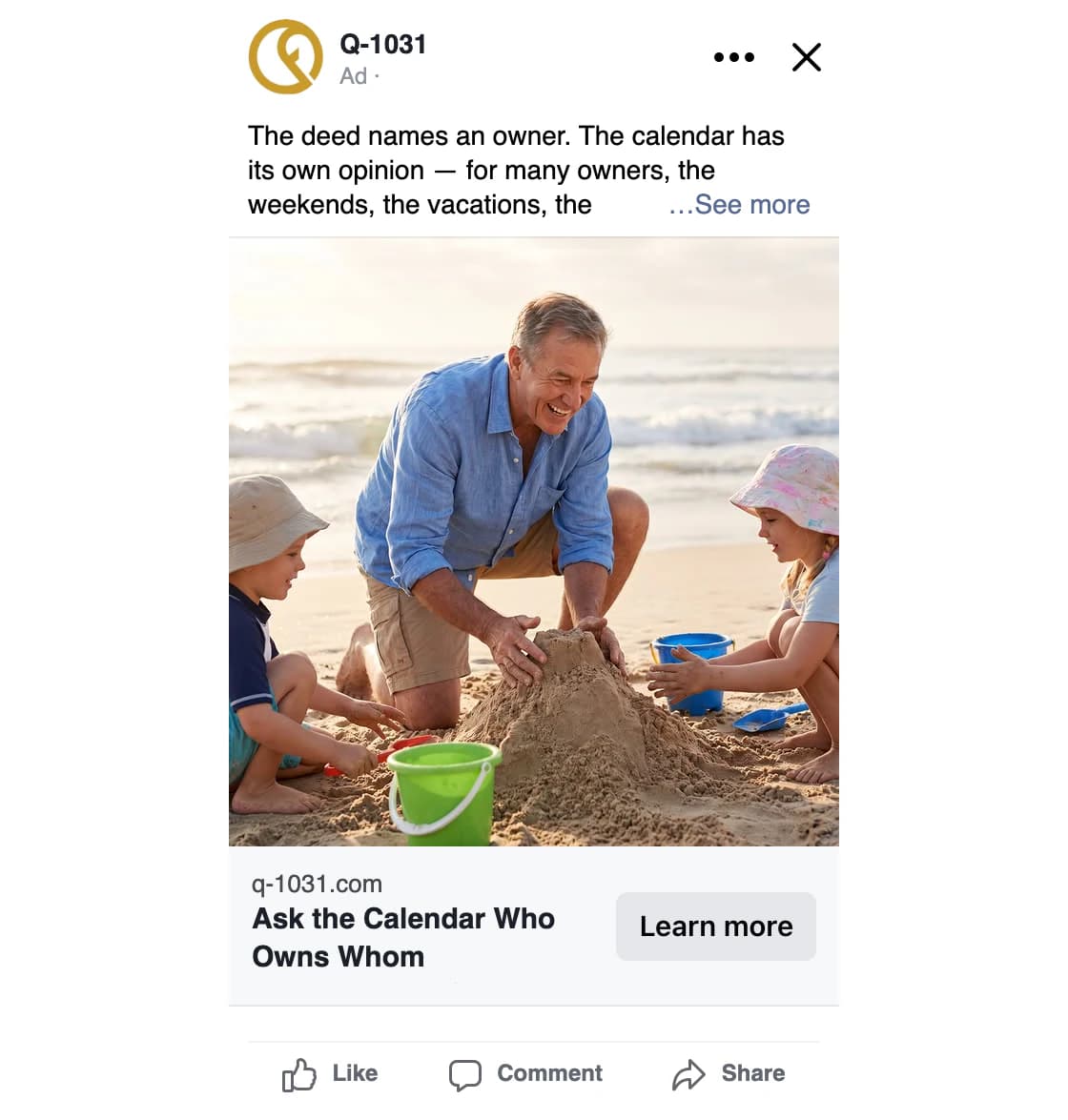 Genuine Meta preview-API capture of a Q-1031 feed ad: a grandfather building a sandcastle with grandchildren on a beach, headline "Ask the Calendar Who Owns Whom"
