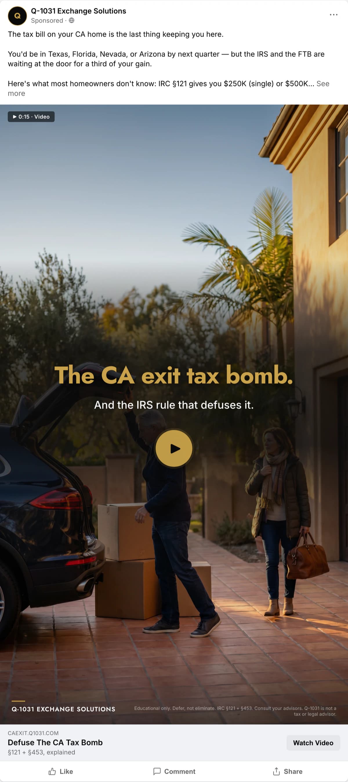 In-feed Meta video-ad preview with a play button and duration badge over a golden-hour shot of a couple loading a car outside a California home, headline about the CA exit tax