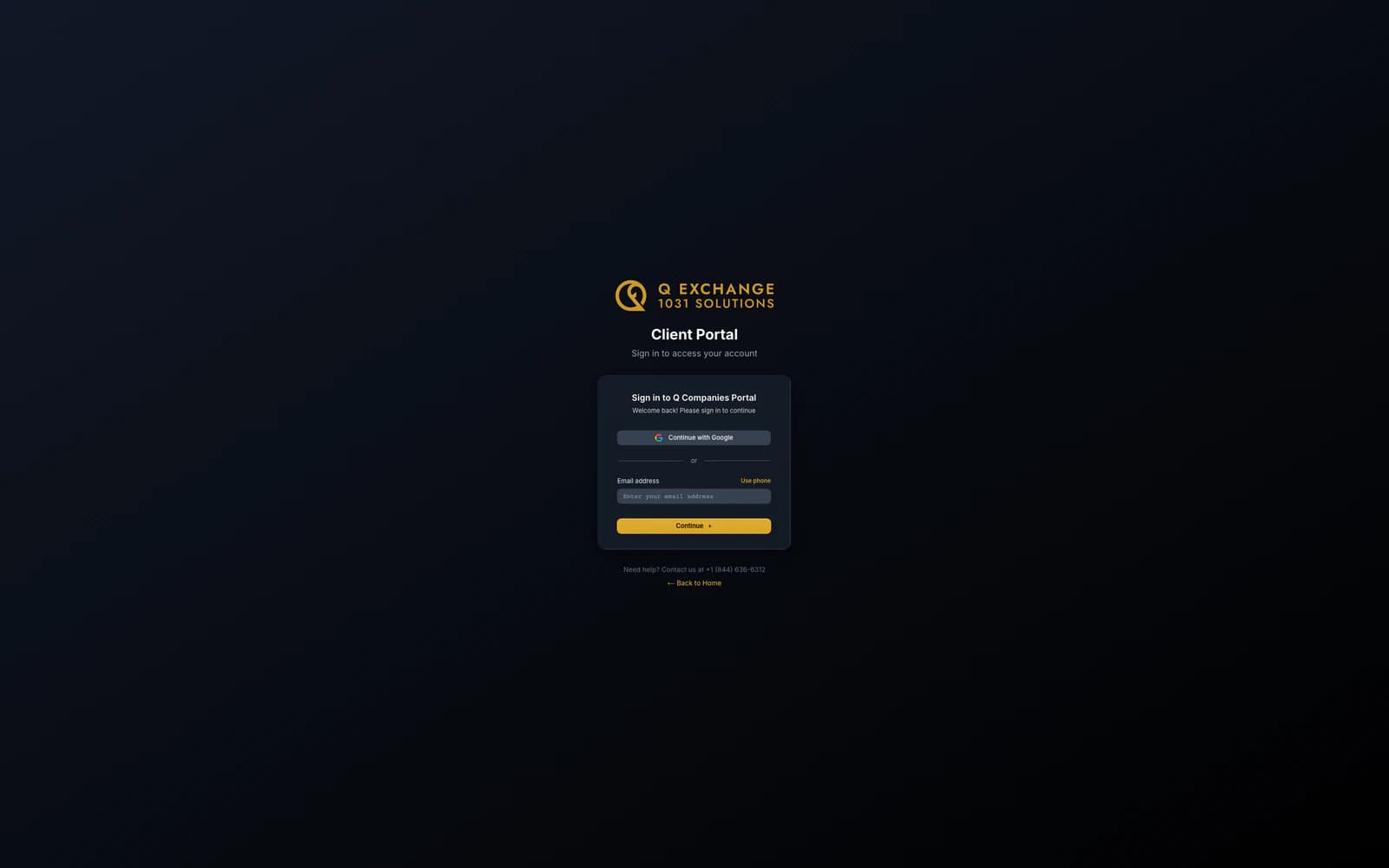 Q Exchange client portal sign-in screen with Google and email login options