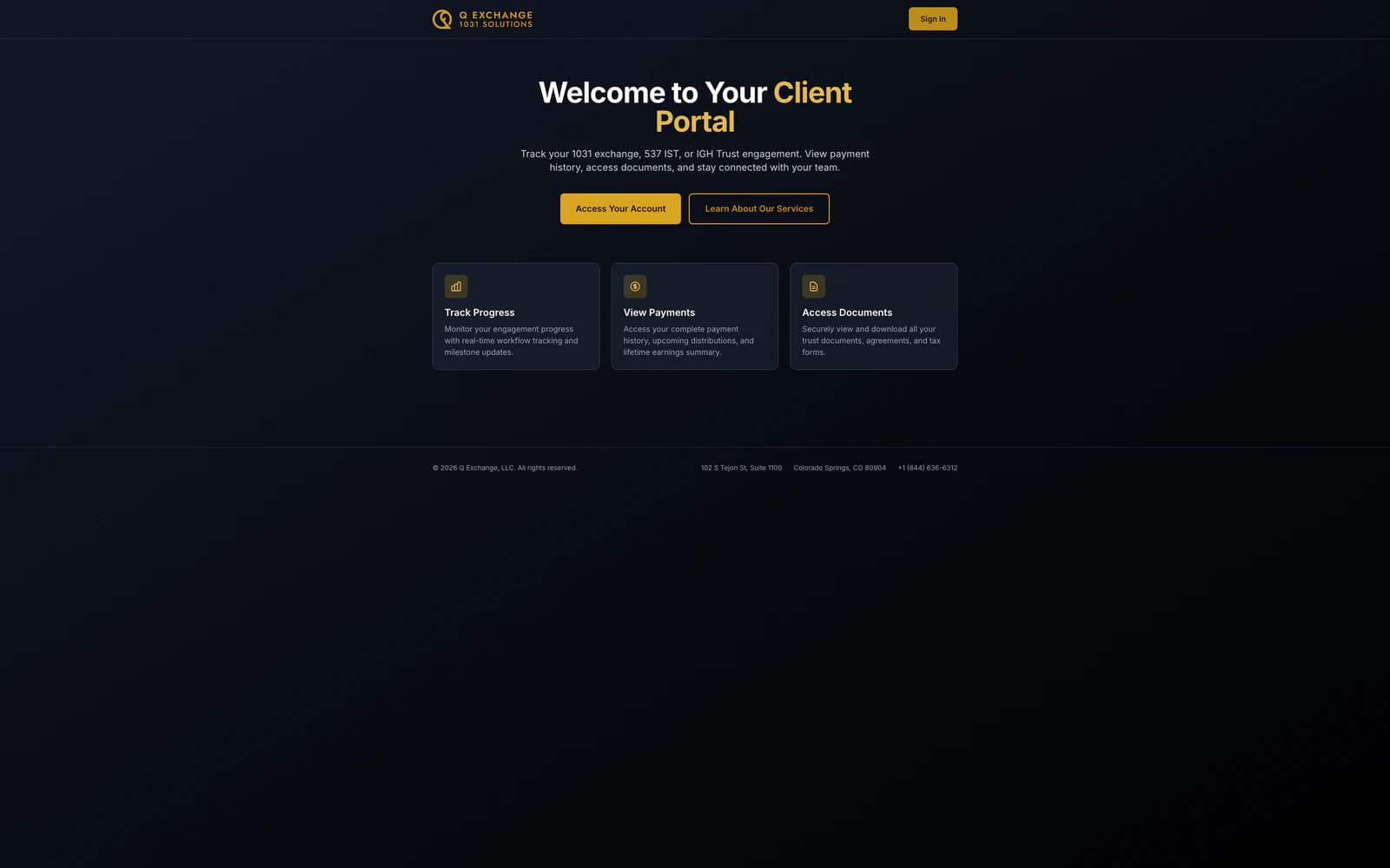 Q Exchange client portal welcome page with feature cards for tracking progress, payments, and documents