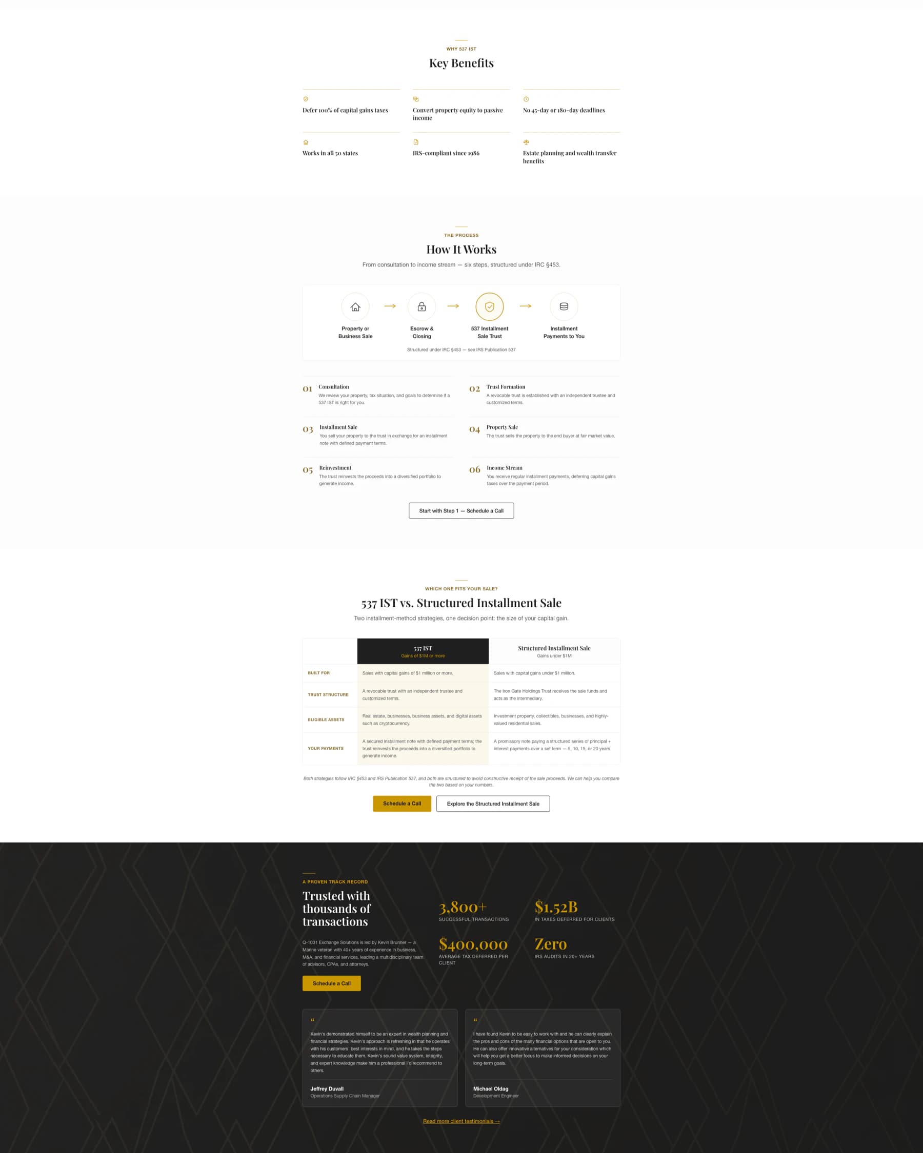 537 Installment Sale Trust solution page on q-1031.com — long-form product page with sectioned layout