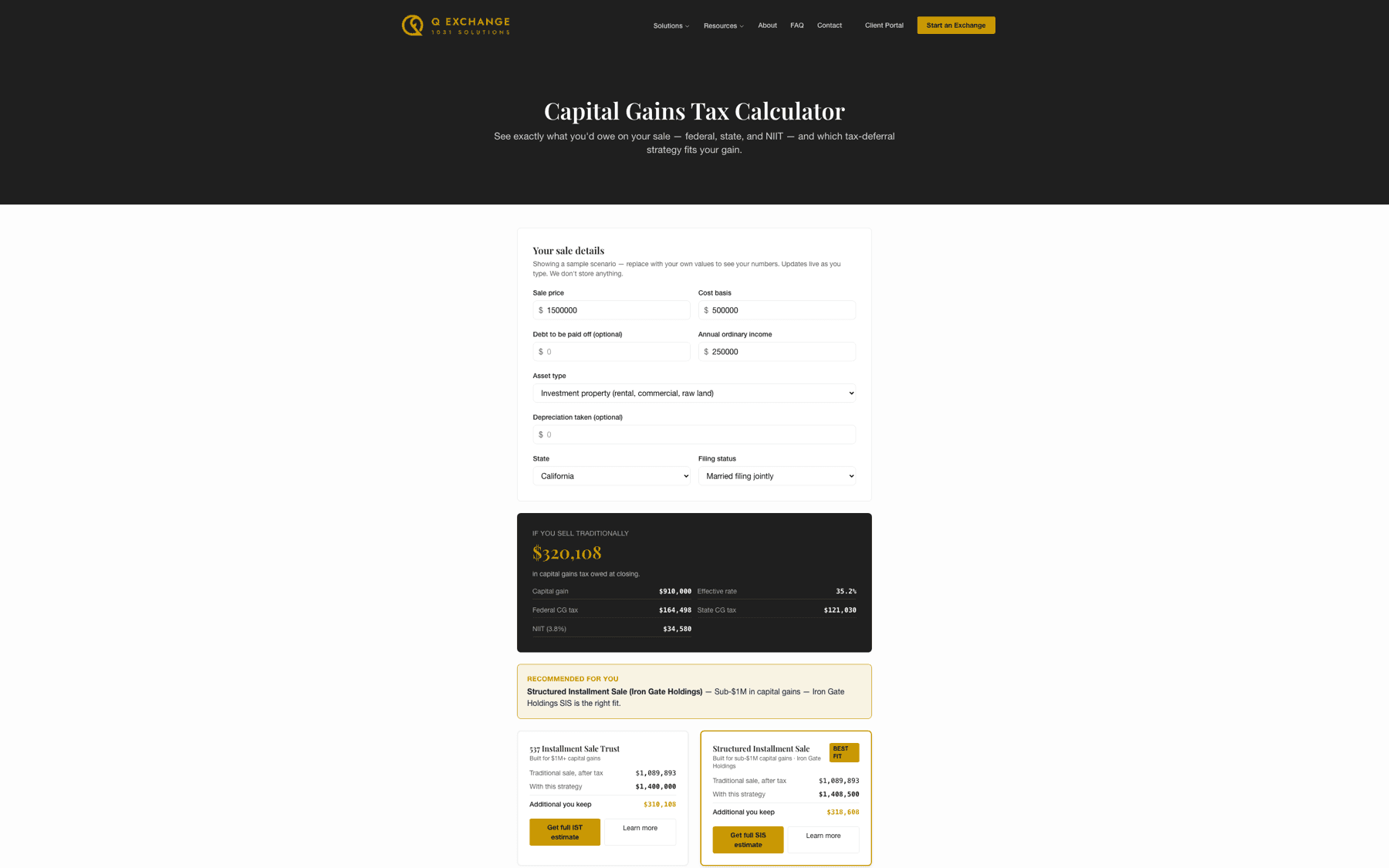Capital-gains tax calculator page on q-1031.com showing a labeled sample scenario