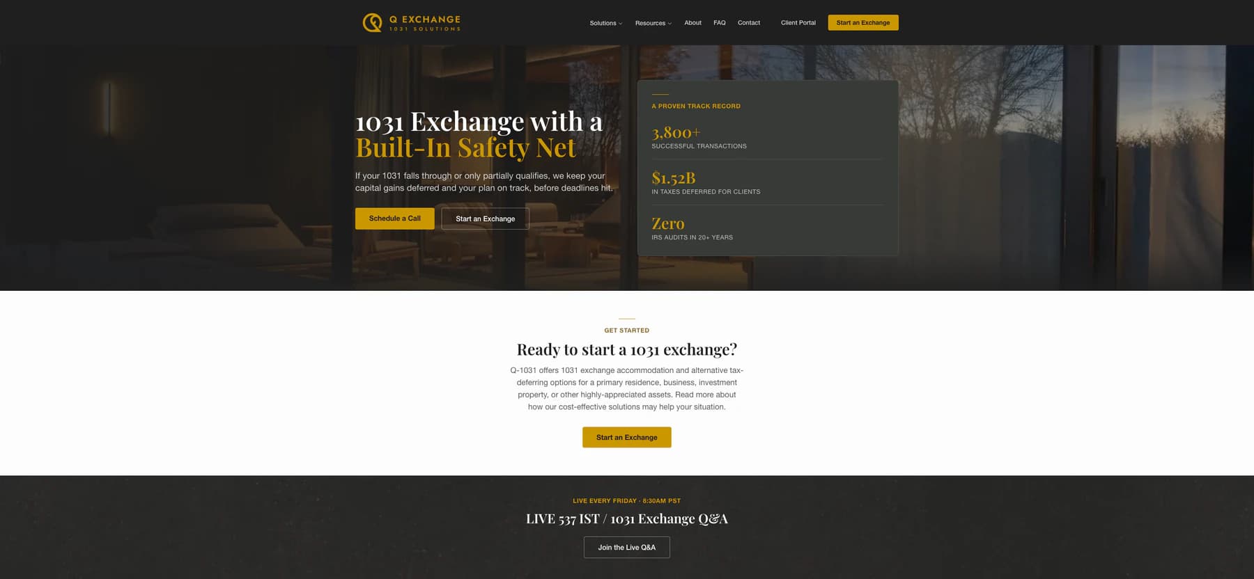 Rebuilt q-1031.com homepage — dark hero reading "1031 Exchange with a Built-In Safety Net" with gold Q Exchange branding