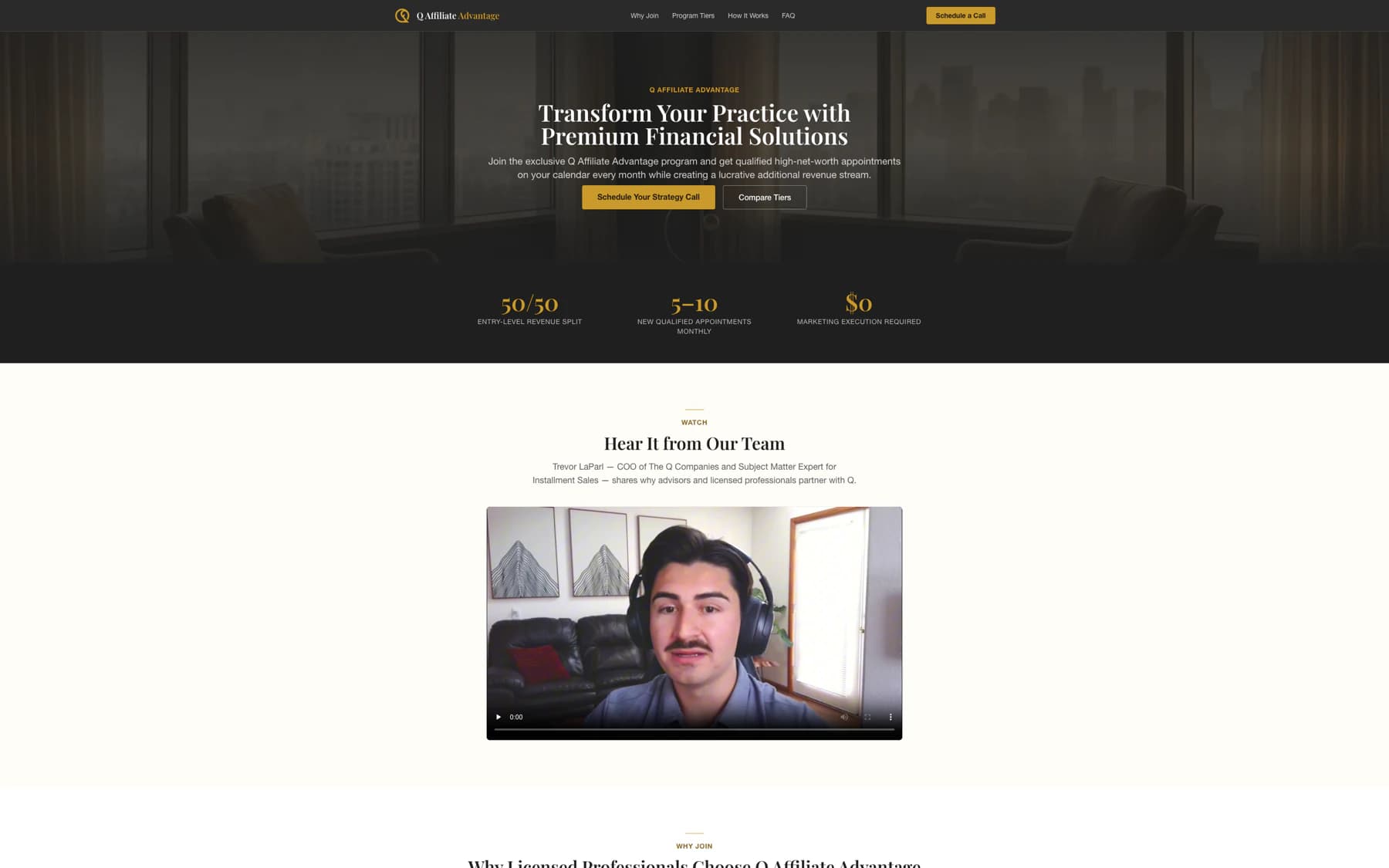 Q Affiliate Advantage homepage — partner program for financial practices