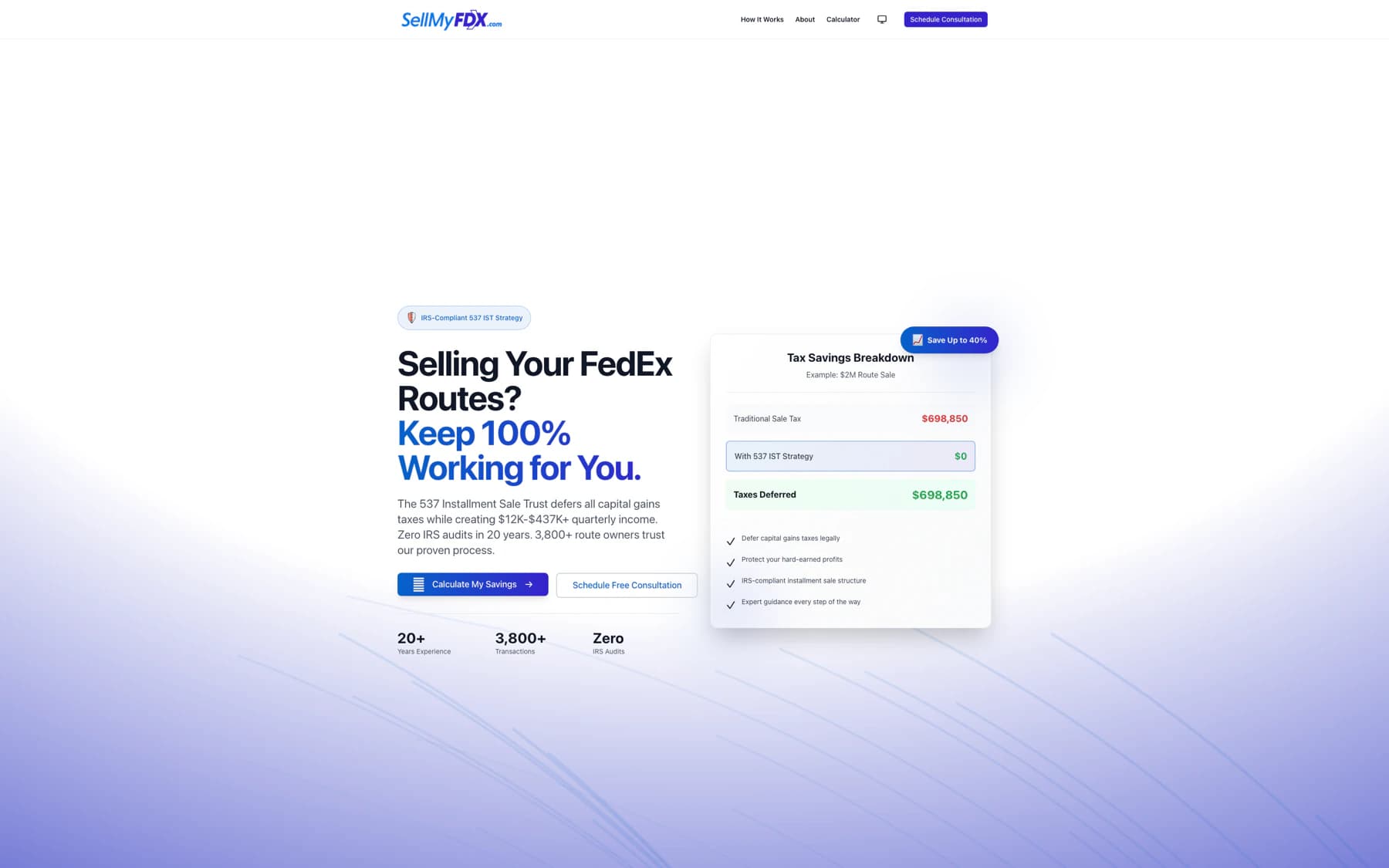 SellMyFDX homepage — tax-deferred FedEx route sale landing page