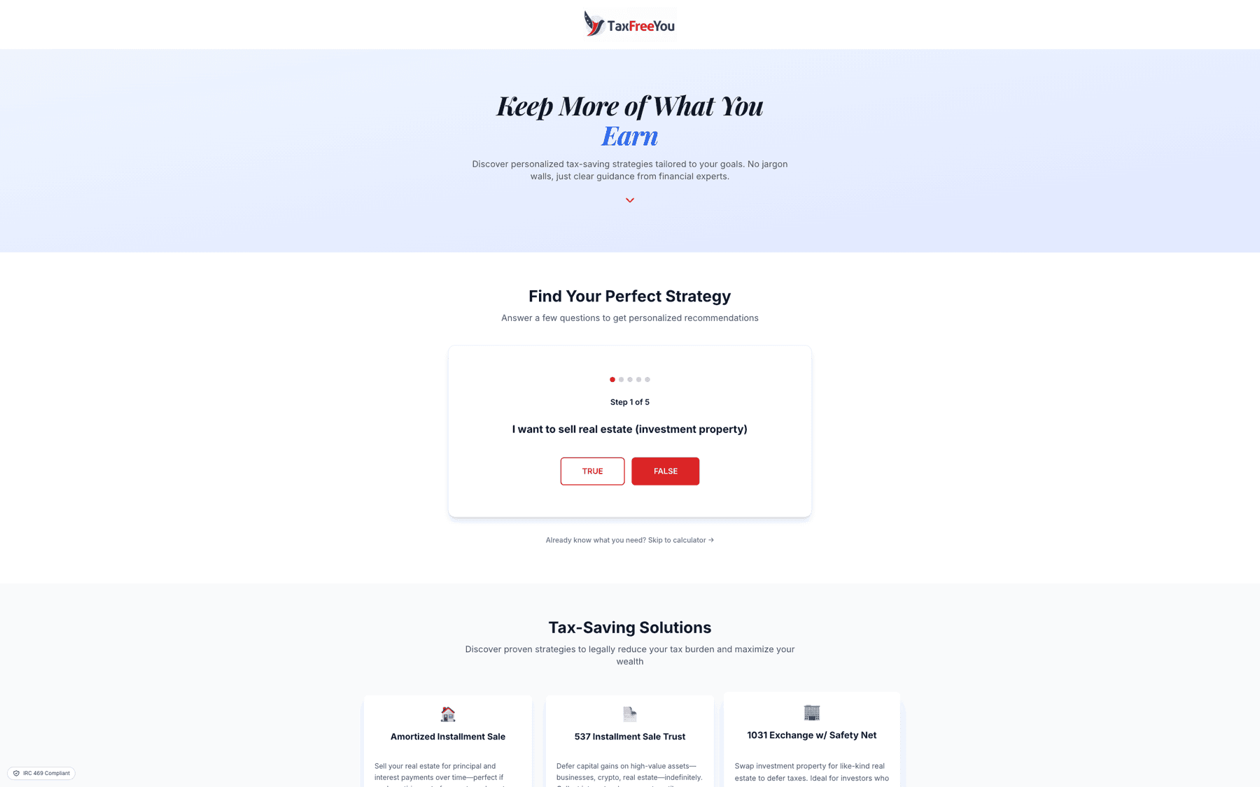 TaxFreeYou homepage — six tax strategies under one roof