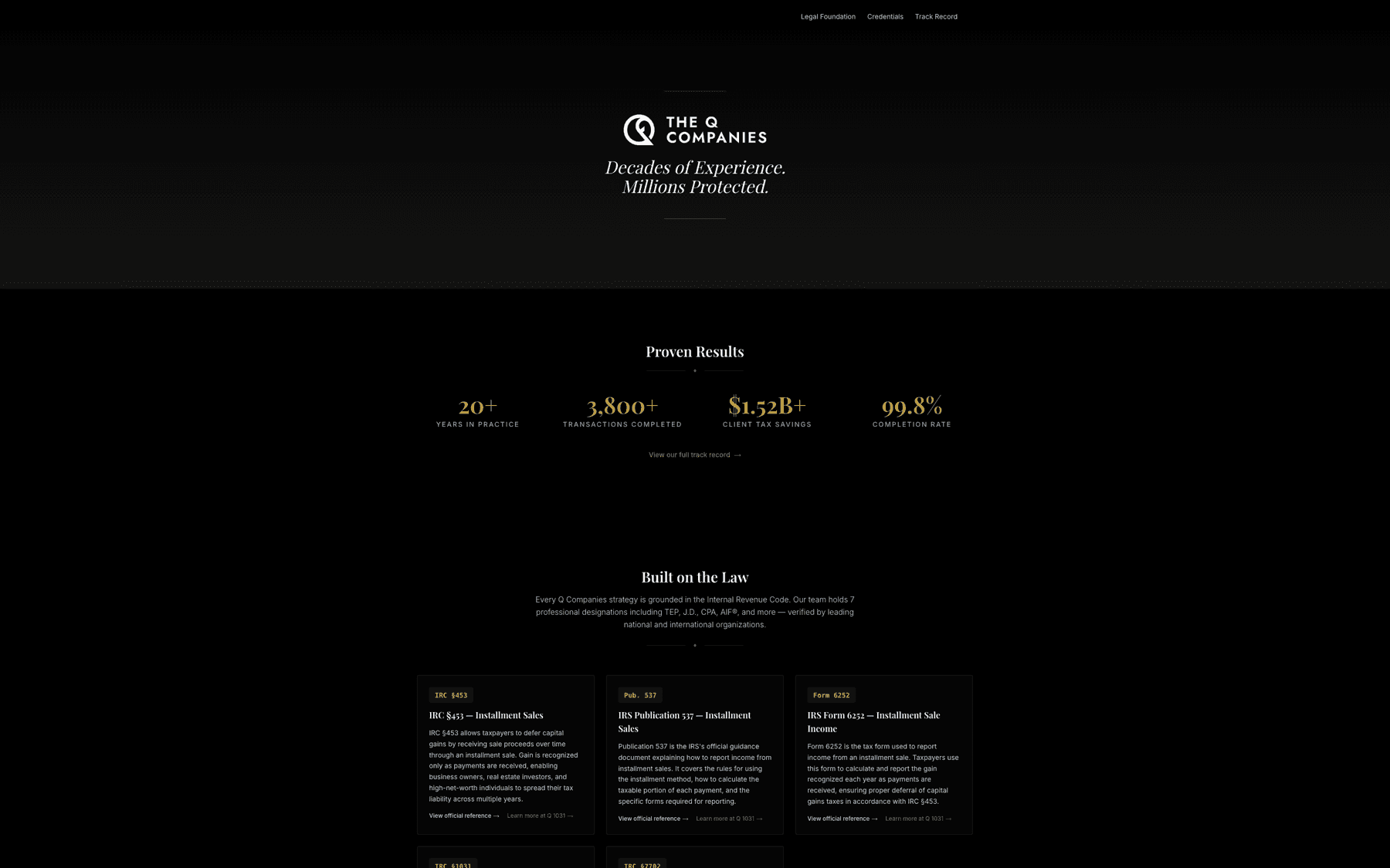 The Q Companies parent-brand page — dark editorial layout with company wordmark